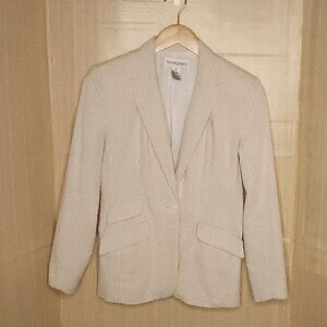 Bloomingdales Petite Tan White Stripe Seersucker Blazer 4P